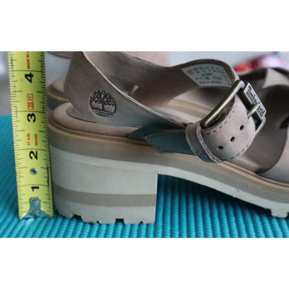 Timberland Platform Sandal 9.5 Taupe Leather Nubuck Open Toe Lug Sole Block Heel - Picture 7 of 9